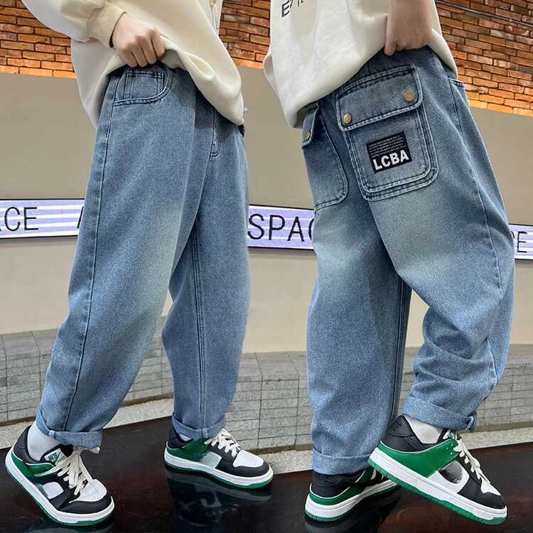 Korean version of boys street dance jeans wide leg pants childrens student jeans denim straight leg pants Z250220