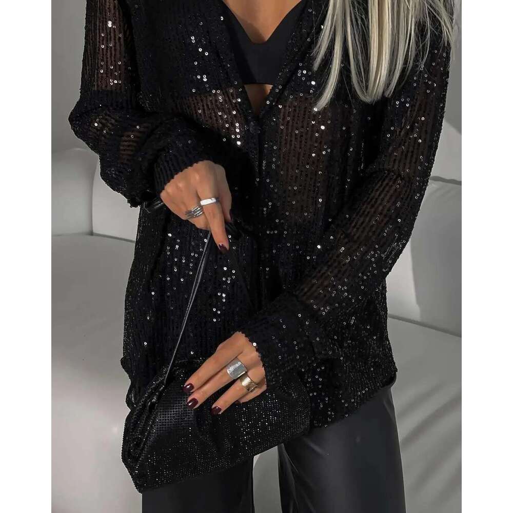 Fashion Solid Shiny For Women Chic Female Turn Down Collar Long Sleeves Shirt Elegant Single Breasted Ladies Loose Blouse