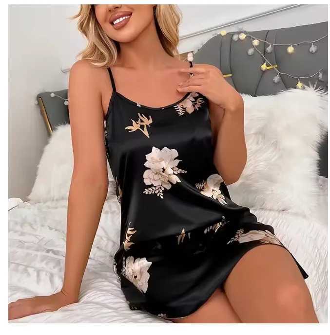 Women Nightwear Home Clothes Sexy Black Floral Printing Nightdress Spwear Nightshirts Silk Spshirts Nightgowns For WomanXJ250220