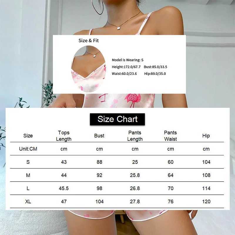 Womens Cute Flamingo Print Satin Pajama Set - V Neck Cami Top and Elastic Shorts for Comfortable Sp and Lounging HomewearXJ250220