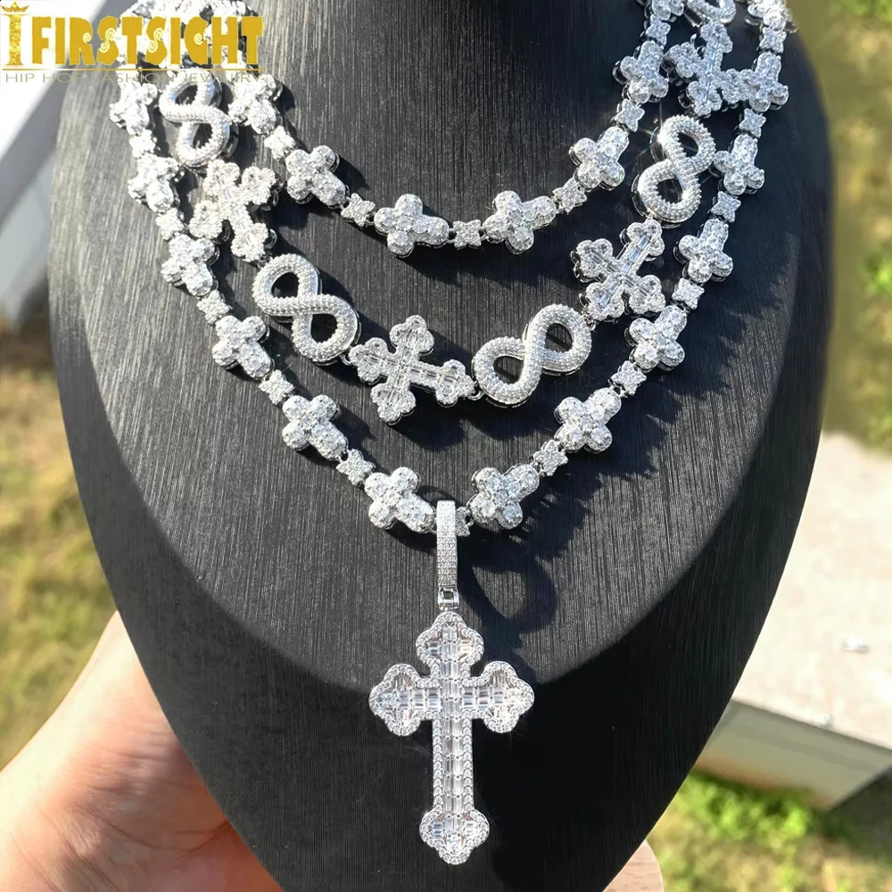 Iced Out Cross Necklace for Men Women Bling Silver Color Cubic Zirconia Charm Star Link Chain Hip Hop Jewelry 250220