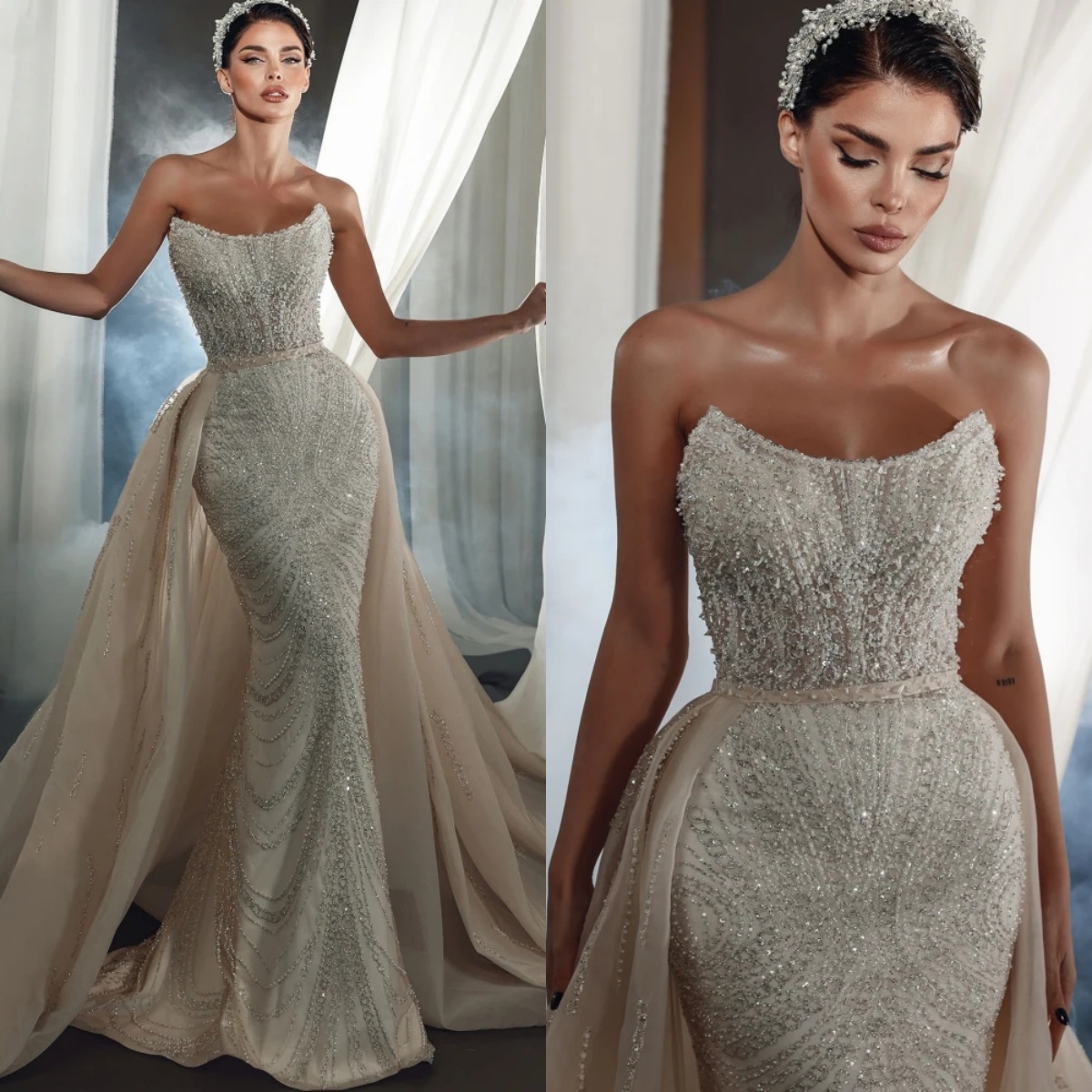 Classic Mermaid Wedding Dress Strapless Sleeveless Bridal Gowns Sequins Appliques Detachable Train Dresses Custom Made vestidos de novia