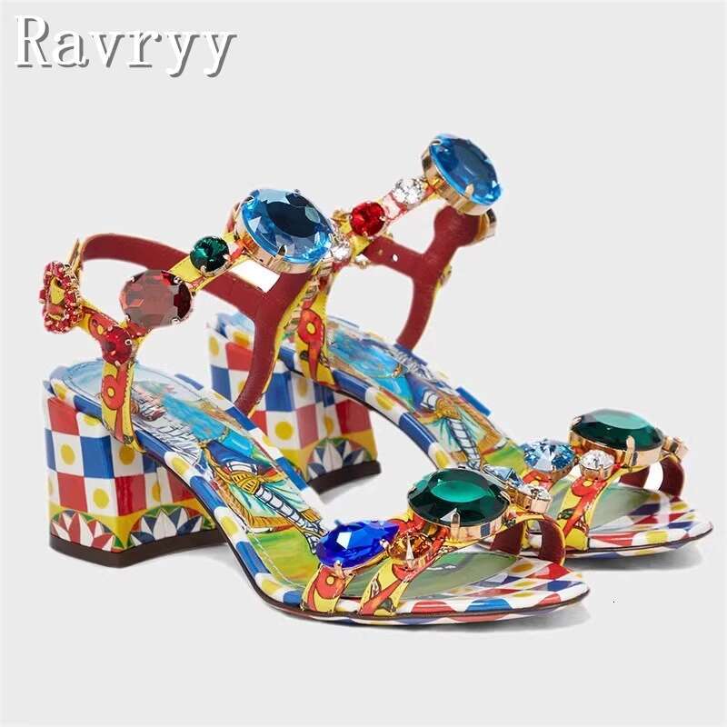 Bohemian Rhie Jewel Women Sandals 3D Printed Thick High Heel Open Toe Buckle Strap Brand Party Shoes 250225
