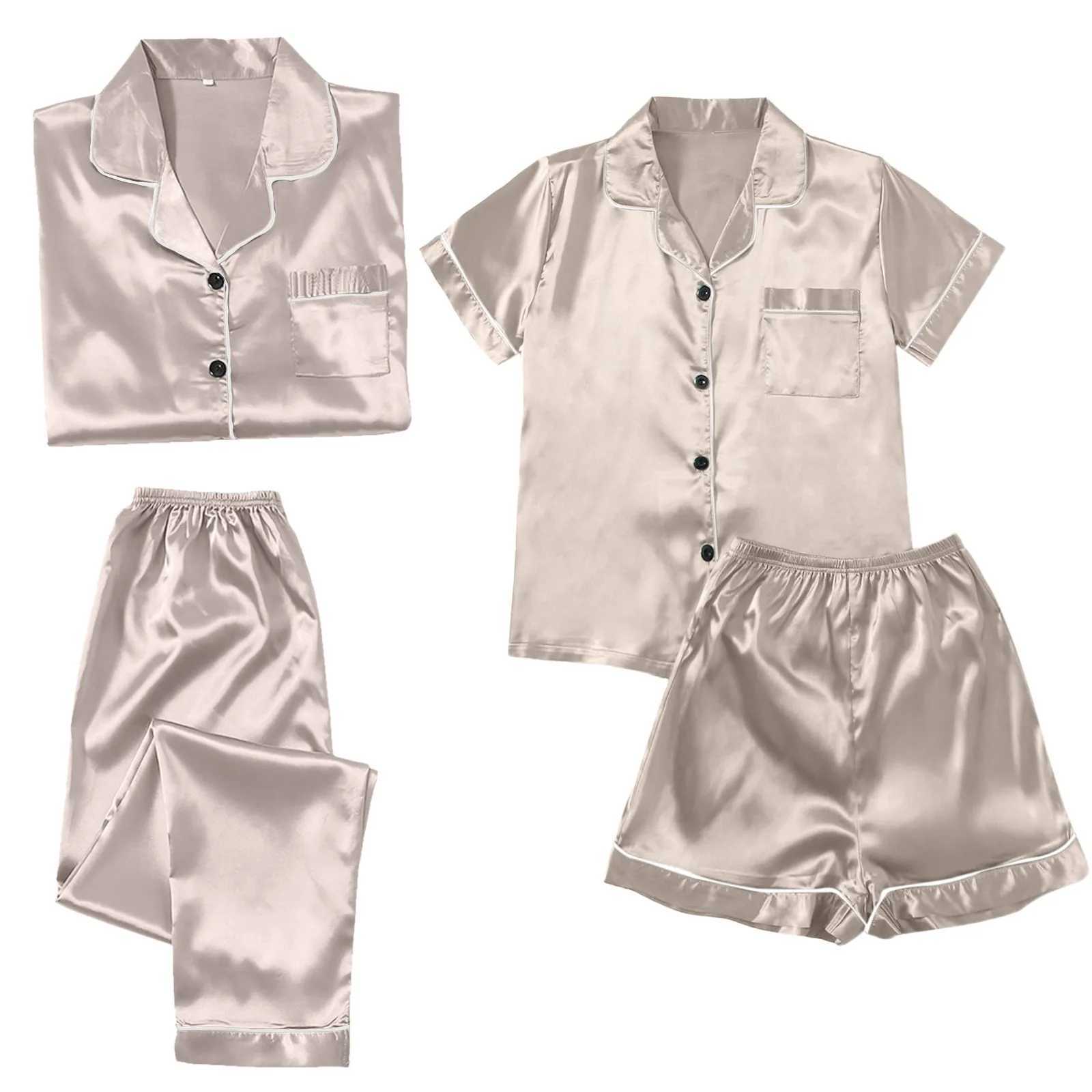 4PCS Womens Blue Pajamas Sets Silk Satin Top Pant Long sve Solid Button-Down Pyjamas Satin Set Nightgown Ladies SpwearXJ250220