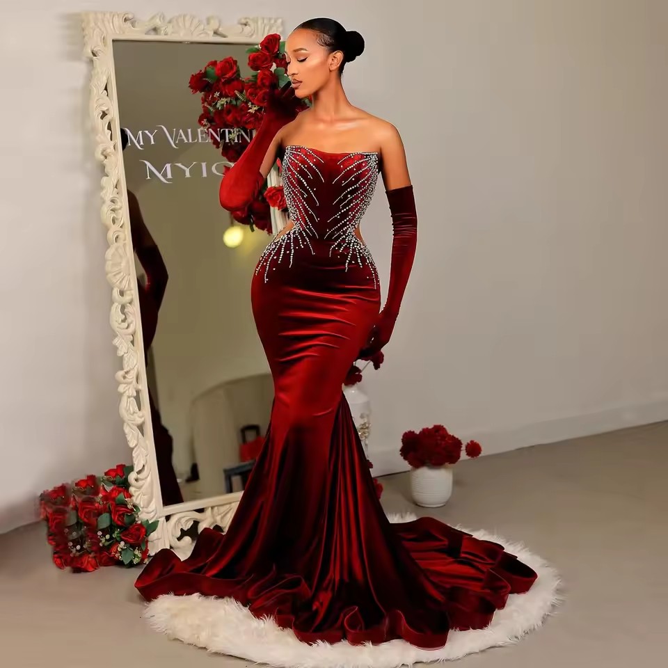 Elegant Bury Veet Mermaid Prom Party Dresses 2025 with Gloves Beaded African Evening Birthday Gowns Customized