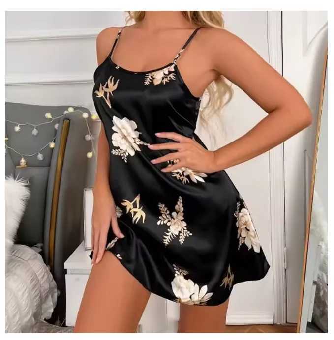 Women Nightwear Home Clothes Sexy Black Floral Printing Nightdress Spwear Nightshirts Silk Spshirts Nightgowns For WomanXJ250220