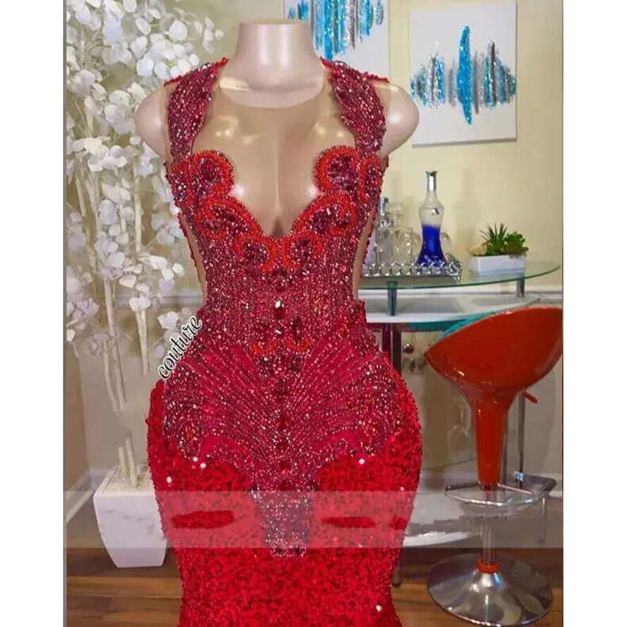 Red Long Mermaid Dresses 2024 Black Girls Sheer Crew Neck Dias Style Sparkly Rhies Crystals Sequined Prom Party Formal Evening Gowns Bc18507 0618