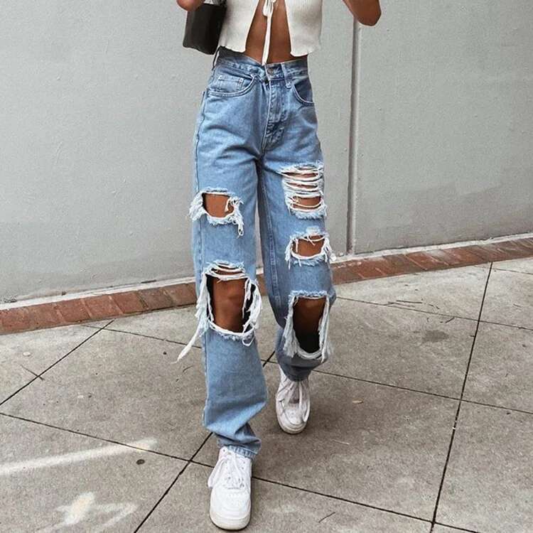 Ripped Vintage Woman's Jeans Distressed Streetwear Hole Hip Hop High Waist Pants Fashion Straight Denim Trousers Summer Jean