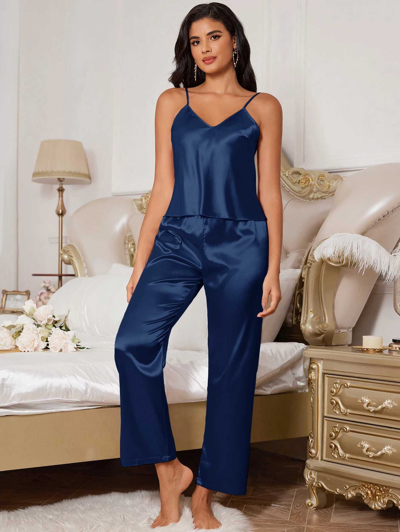 Fall new womens silk pajama set halter top and pants sexy comfortable two piece pajama setXJ250220