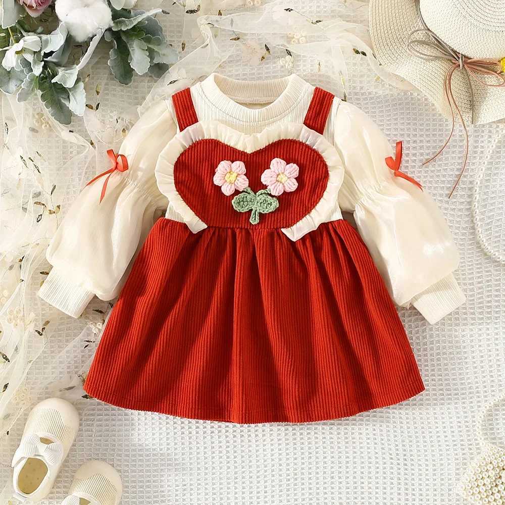 Spring And Autumn New Baby Girl Dress Long Sleeve Suspenders Lace Pleated Flowers Decorated Fake Two Birthday Party Team Dresses X250220