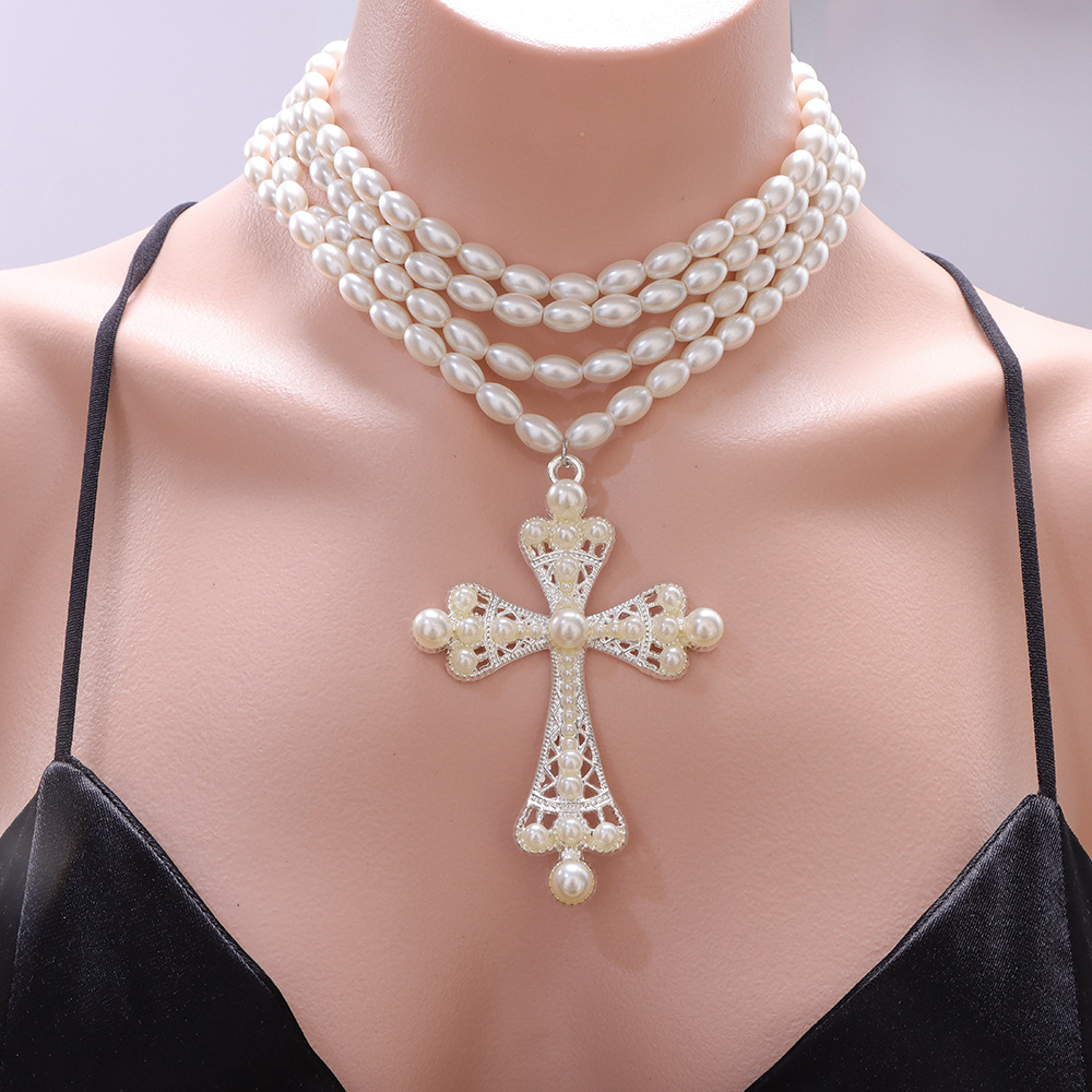 Cyberpunk style cross necklace fashion exaggerated micro-set imitation pearl layered necklace jewelry