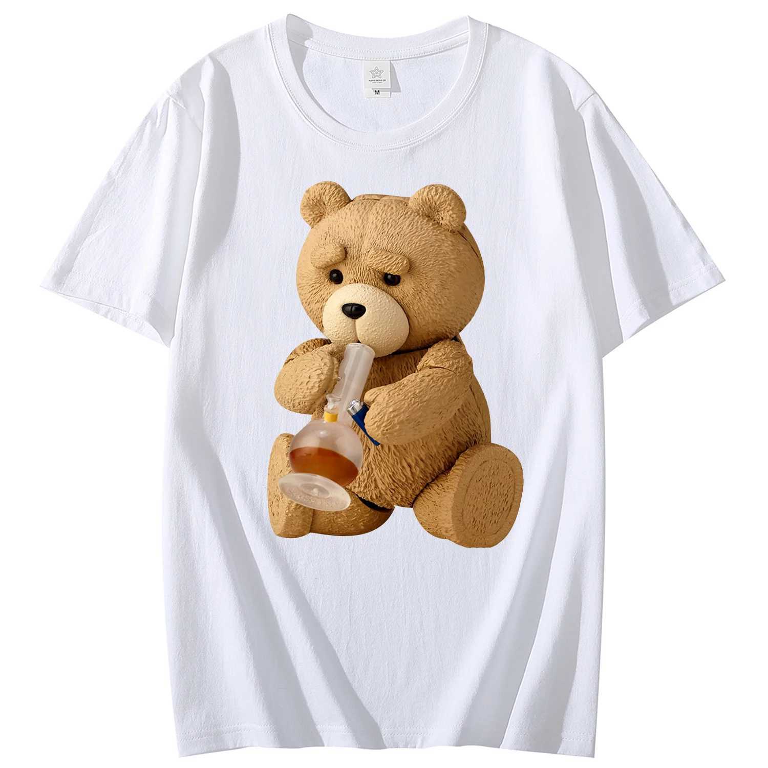 New Mens Print Cute Teddy Bear Drinking Beer Poster T-Shirt Summer Short Sleeve Top Cotton T-Shirt Cool T-Shirt Top Streetwear W250220