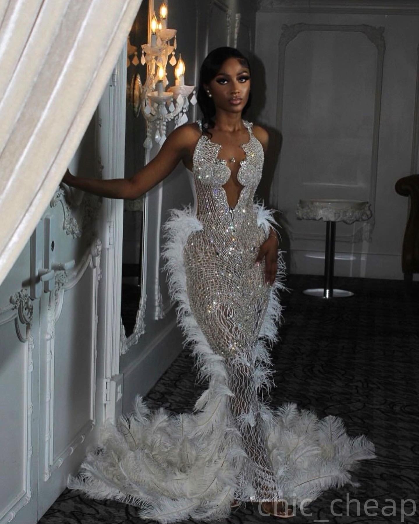 Ivory Mermaid Prom Dresses 2025 Feather Crystals See Through Evening Formal Party Second Birthday Engagement Gowns Plus Size Dress For Special Occasio
