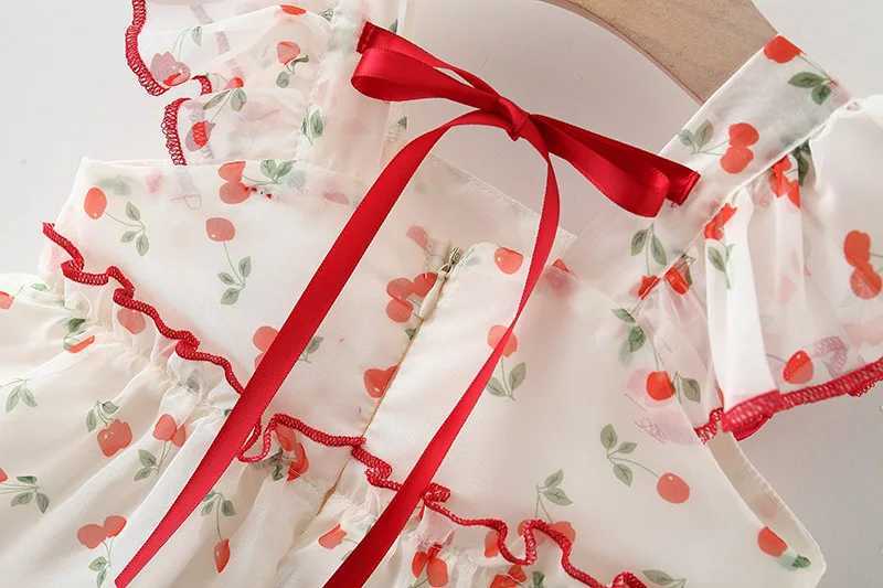 Baby 0-4 years old summer sweet and cute bow dress cherry chiffon dress girl internet gauze acrylic dress X250220