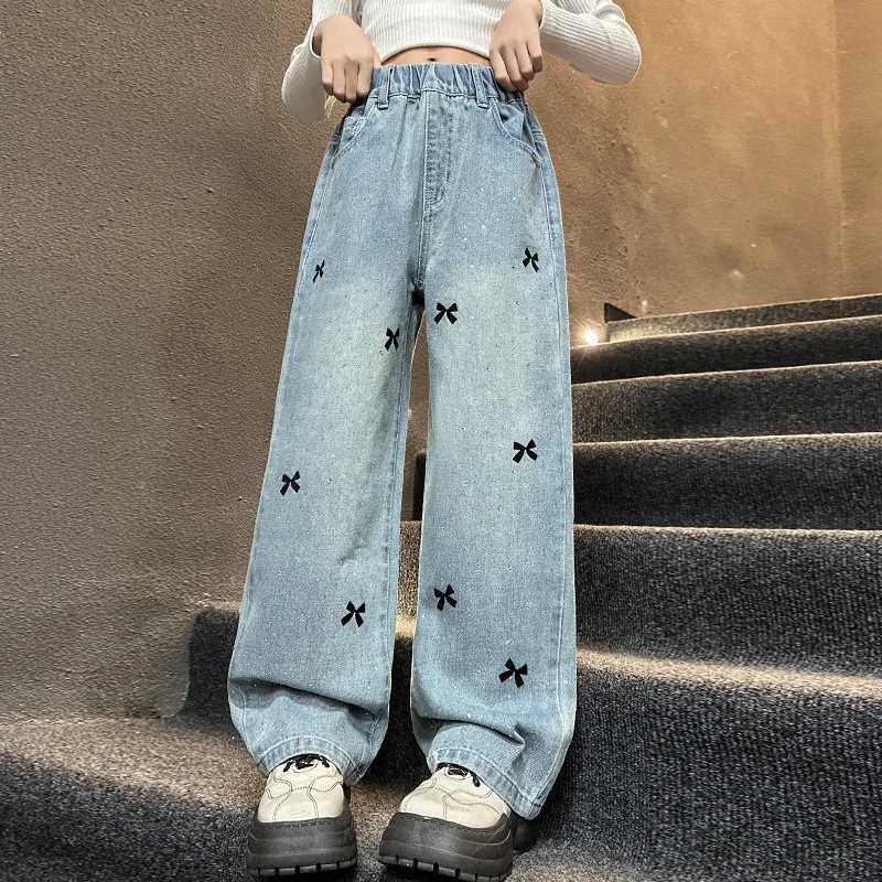 2025 Spring Child Casual Jeans with Bow Embroidery for Girl Fashion High Street Denim Pants Kids High-waisted Jeans Trousers Z250220