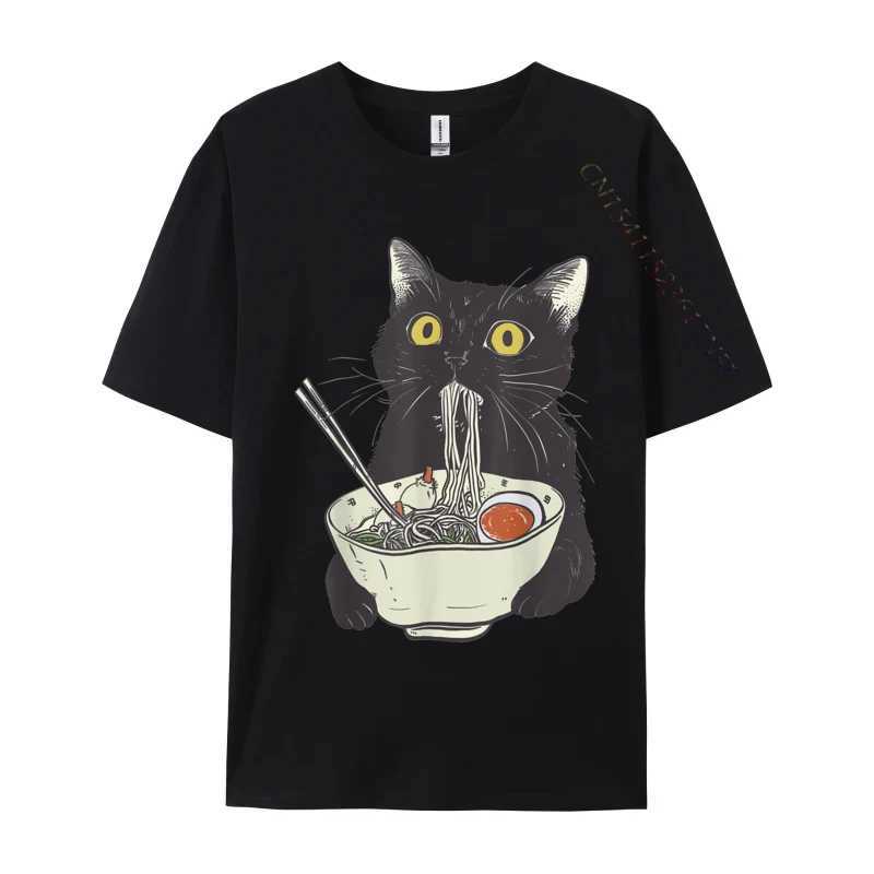Funny Cat Eating Ramen Vintage Japanese Noodles Geek Normal All Cotton Mens Tops T Shirt Casual Tees 2024 Hot Sale T Shirts W250220