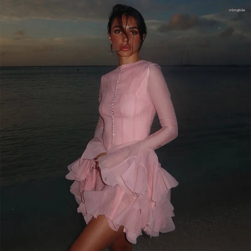 Casual Dresses Luxury O Neck Pink Ruffle Button Female Vestidos Fashion Long Sleeve High Waist Prom Spring Lady Short Evening Dress