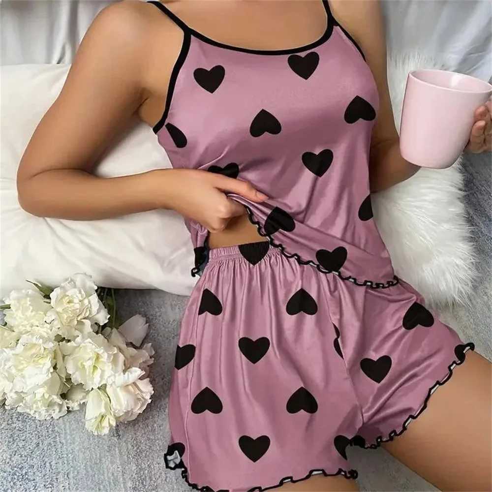 Womens Pajama Set Pajamas T-Shirts Shorts Pink Heart-Shaped Print Round Neck T-Shirt Ice Silk Top Comfortable Casual Summer XJ250220
