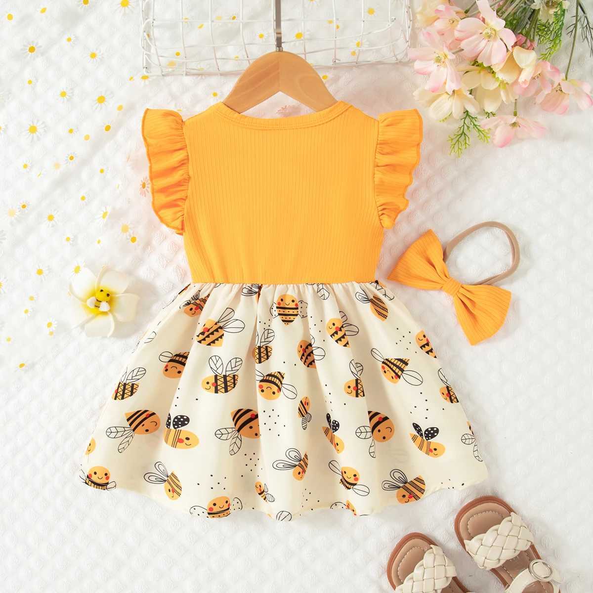 Summer New Yellow Little Fly Sleeve Baby Girl Dress Cartoon Bee Print Childrens Sleeveless Clothes+Bow Headband (0-3 Years) X2502201