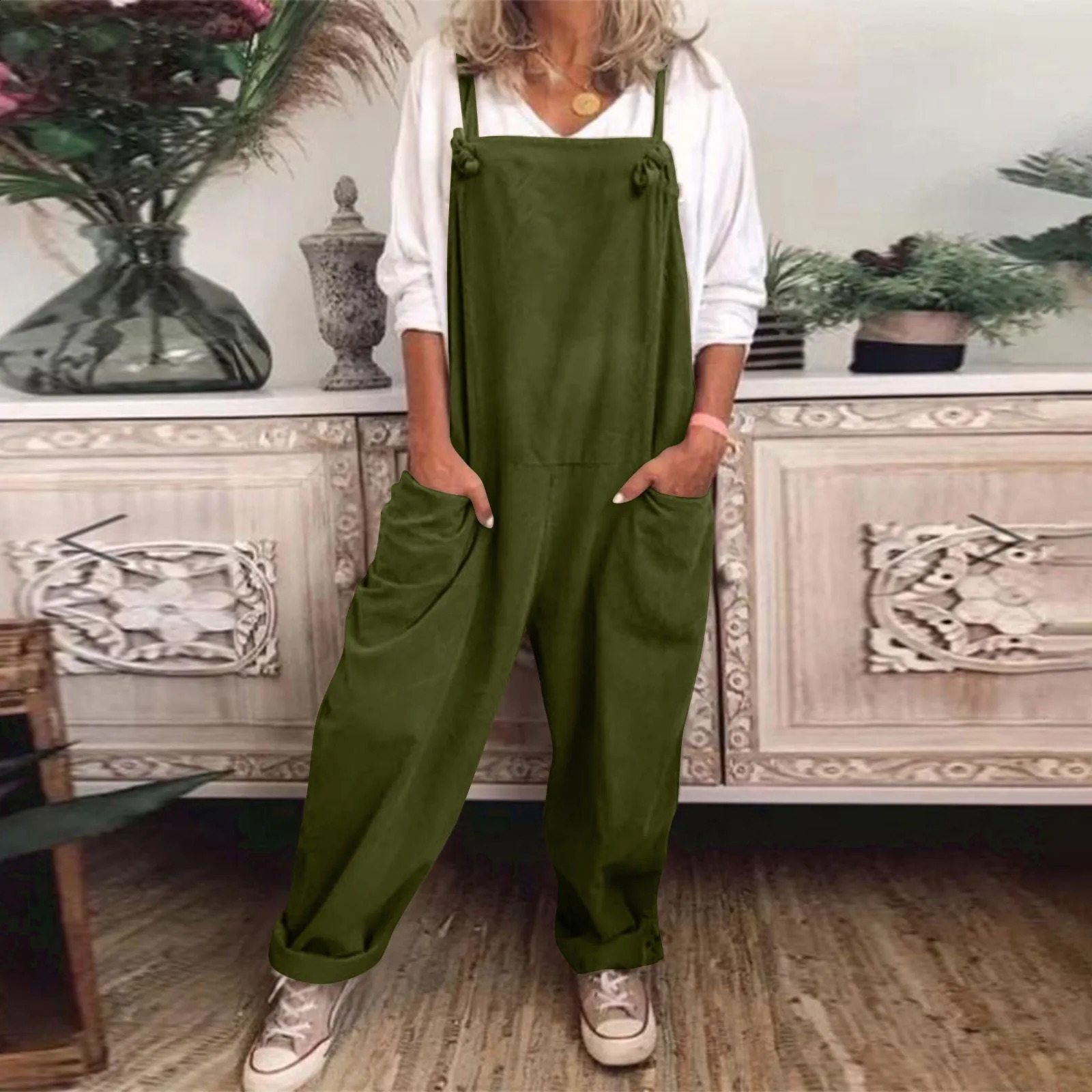 Womens Plus Size Overalls Jumpsuits Casual Solid Color Loose Comfy Dungarees Rompers Suspender Knot Cargo Style Playsuit 250220