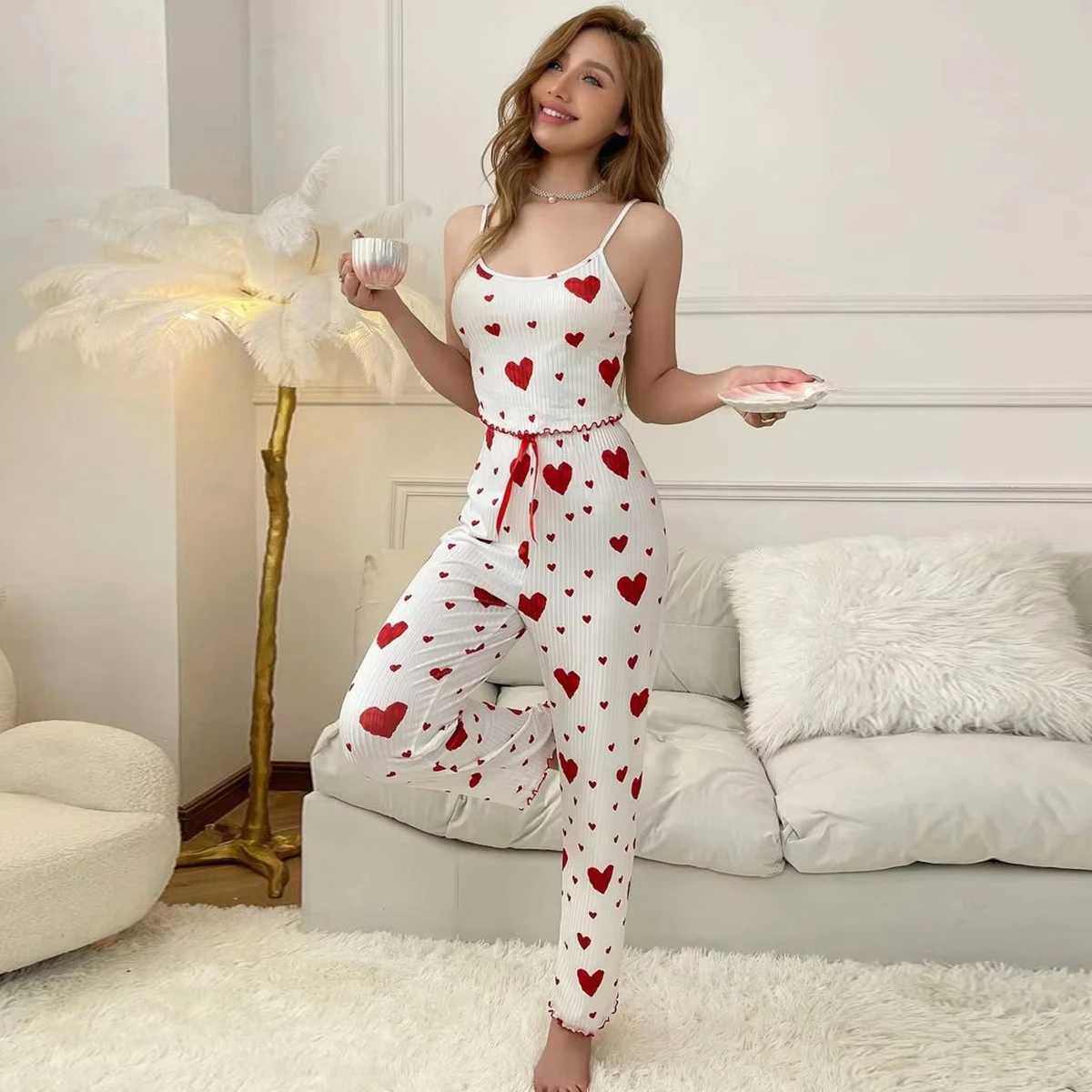 2025New Women pajamas plus size pajamas set 2 piece short vest + trouser white breathable soft casual love printXJ250220