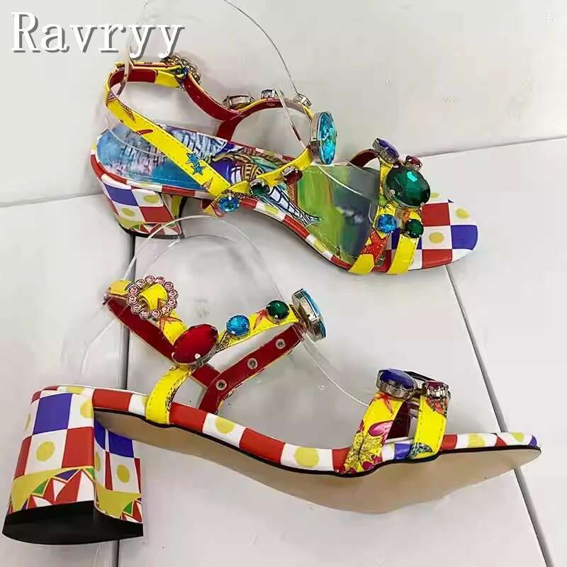 Bohemian Rhie Jewel Women Sandals 3D Printed Thick High Heel Open Toe Buckle Strap Brand Party Shoes 250225