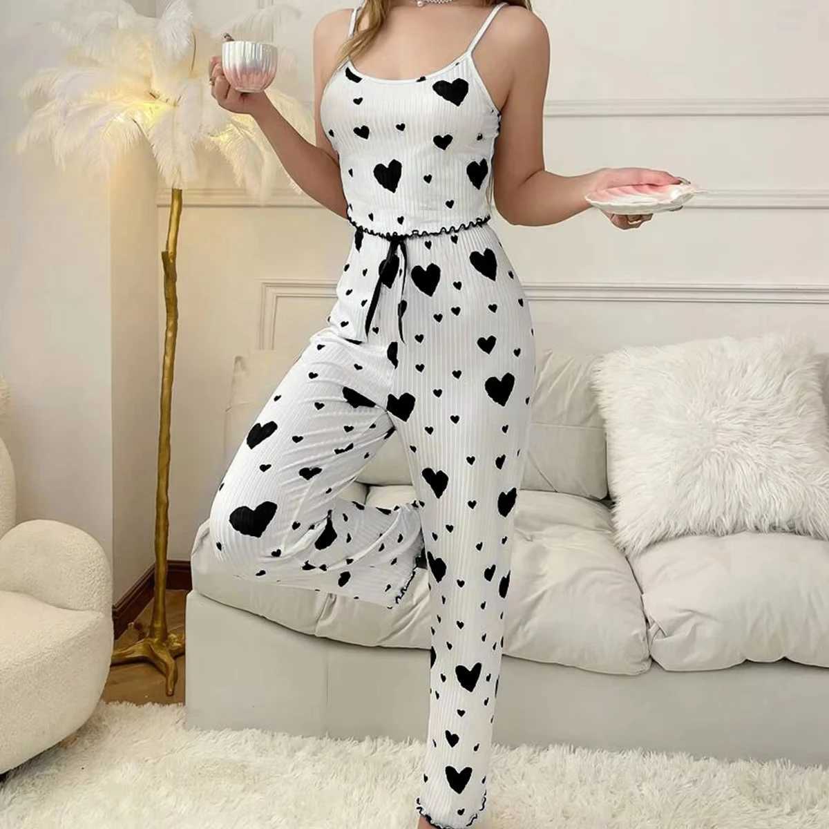 2025New Women pajamas plus size pajamas set 2 piece short vest + trouser white breathable soft casual love printXJ250220