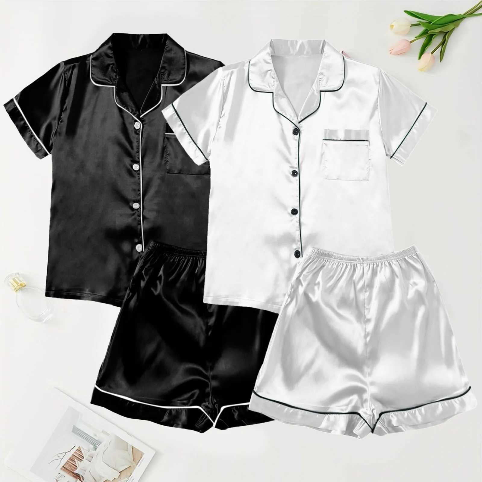 Spwear Women Silk Satin Short Sve Shorts Pajamas 4 Piece Set Breathable Quick Dry Night Dress Trouser Shirt Solid NightiesXJ250220