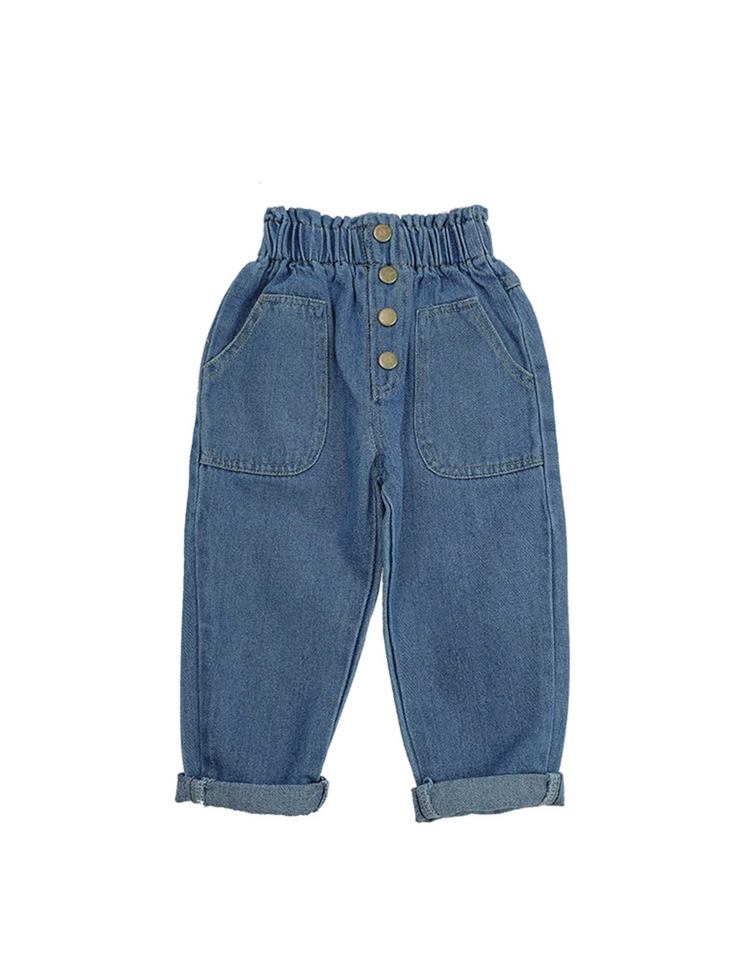 Childrens High Waist Jeans Loose Fit Elastic Waistband Long Pants with Pockets for Spring and Autumn Seasons Z250220