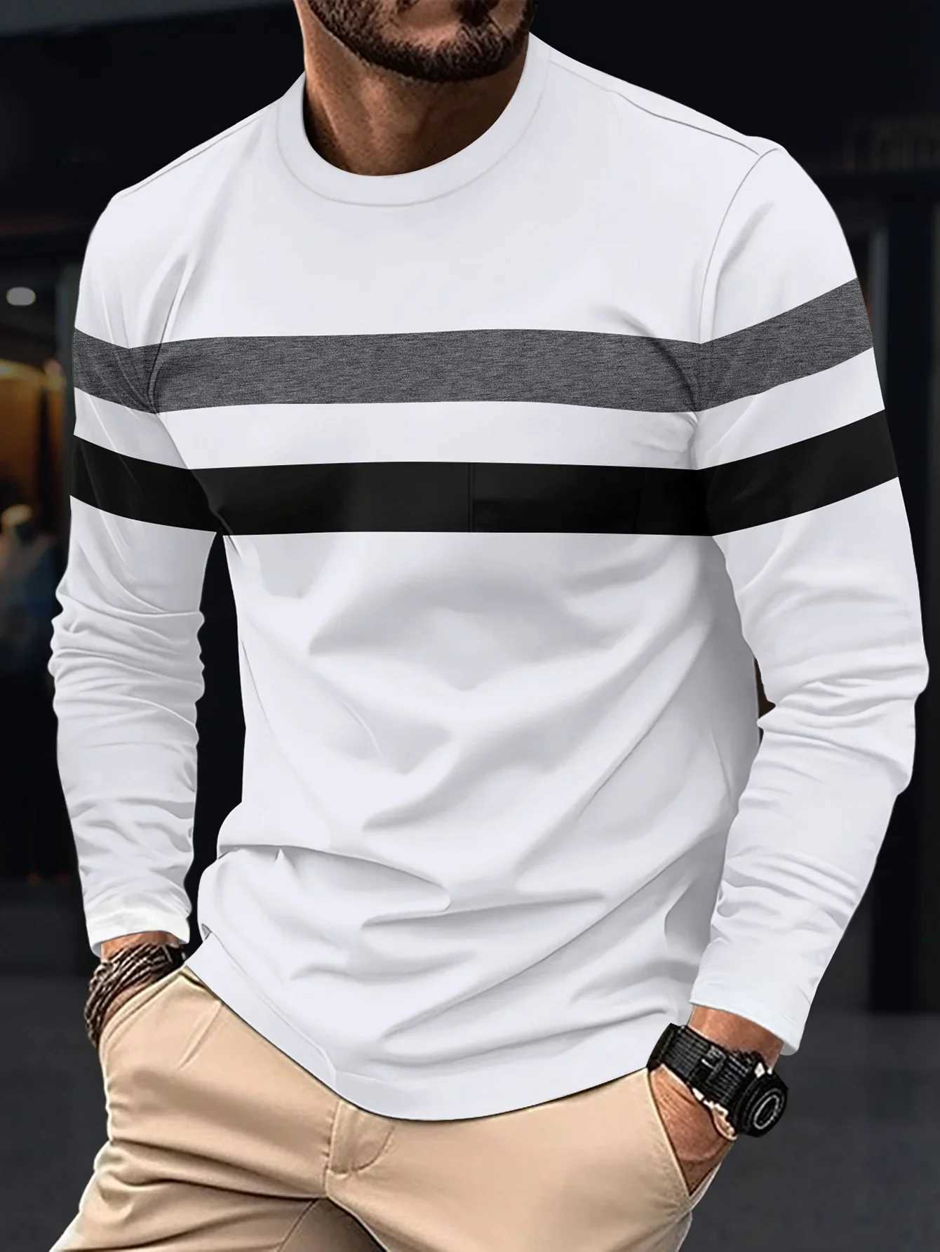 2024 Spring/Summer New Mens Fashion Long Sleeve Splicing Round Neck Breathable T-shirt Business Lightweight Casual Base Top W250220