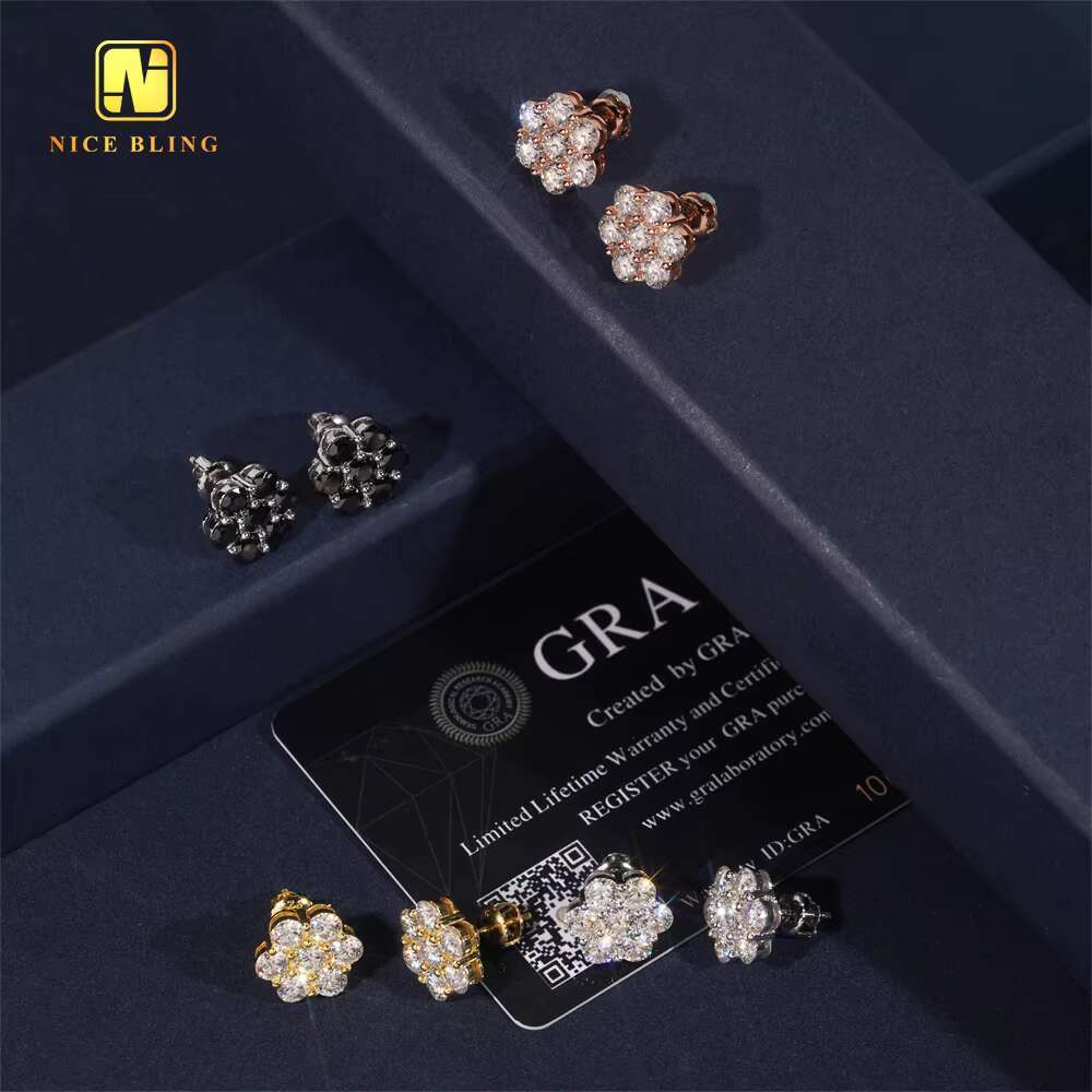Pass Dia Tester Cluster Screw Back Ear Studs 12mm Iced Out Hip Hop Jewelry Sier VVS Moissanite Stud Earring for Women