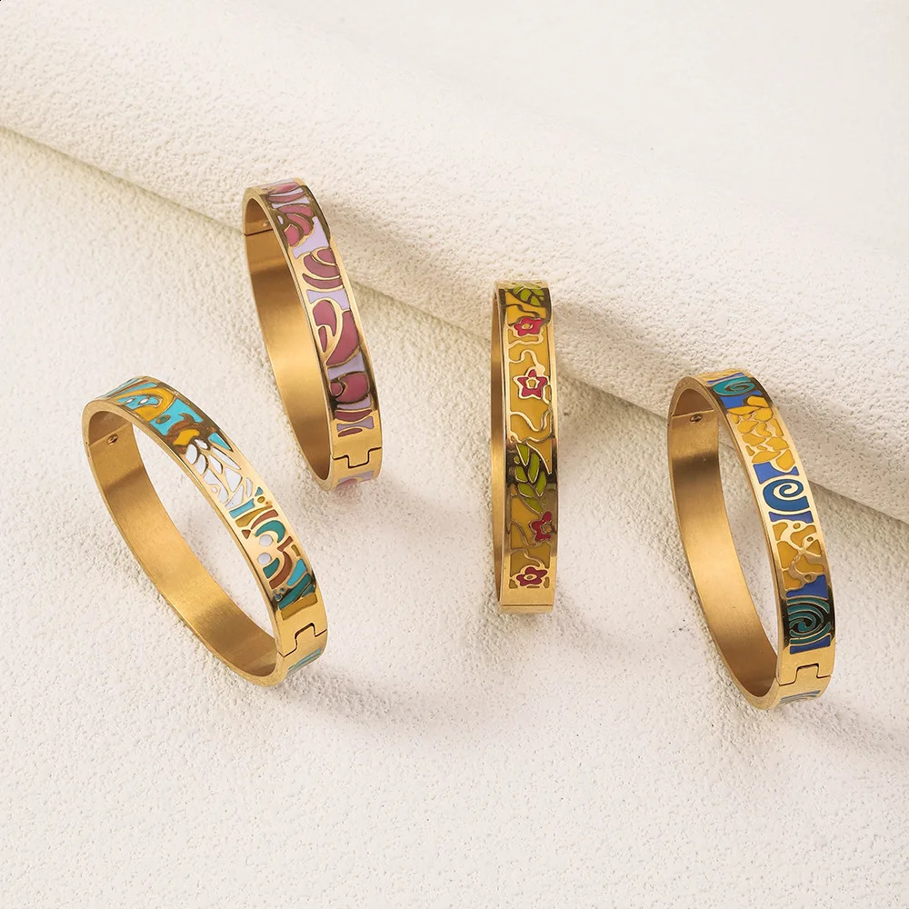 Vintage Stainless Steel Enamel Bracelet For Women Plated 18k Gold Color Open Fashion Jewelry Accessories 250220