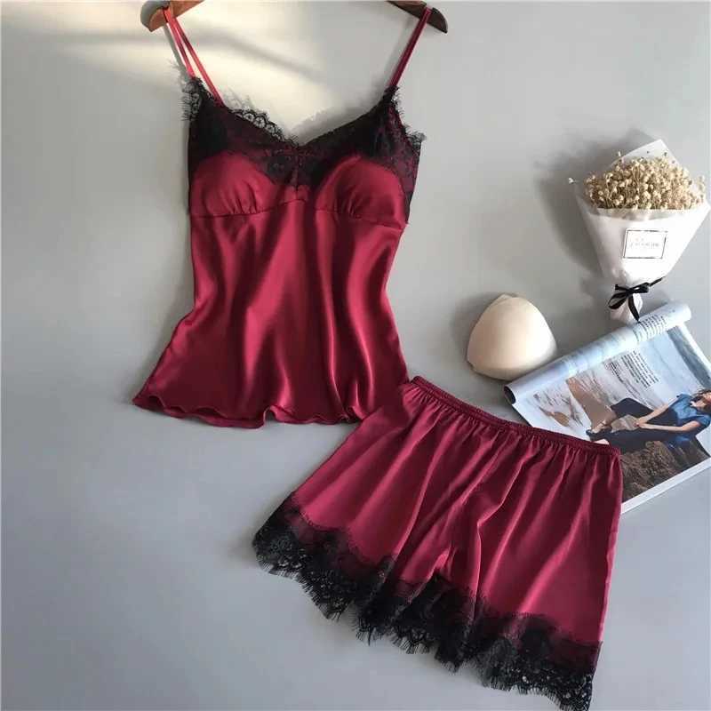 Womens summer sexy silk imitation two-piece set with suspender pajamas silk shorts with chest pads gathering large and thin hXJ250220