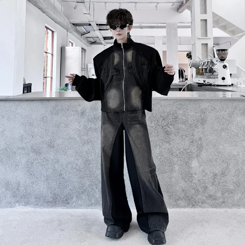 PFNW Contrast Color Mens Set Spring Stand Collar Spliced Denim Jacket Casual Pants Male Streetwear 28W5253 250220