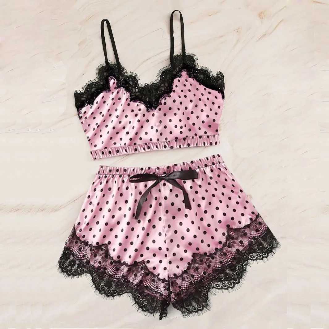 Women Sexy Lace Pajamas Set Silk Satin Spwear Summer V-neck Sveless Pijama Faux Silk Homewear Red Heart Print NightwearXJ250220