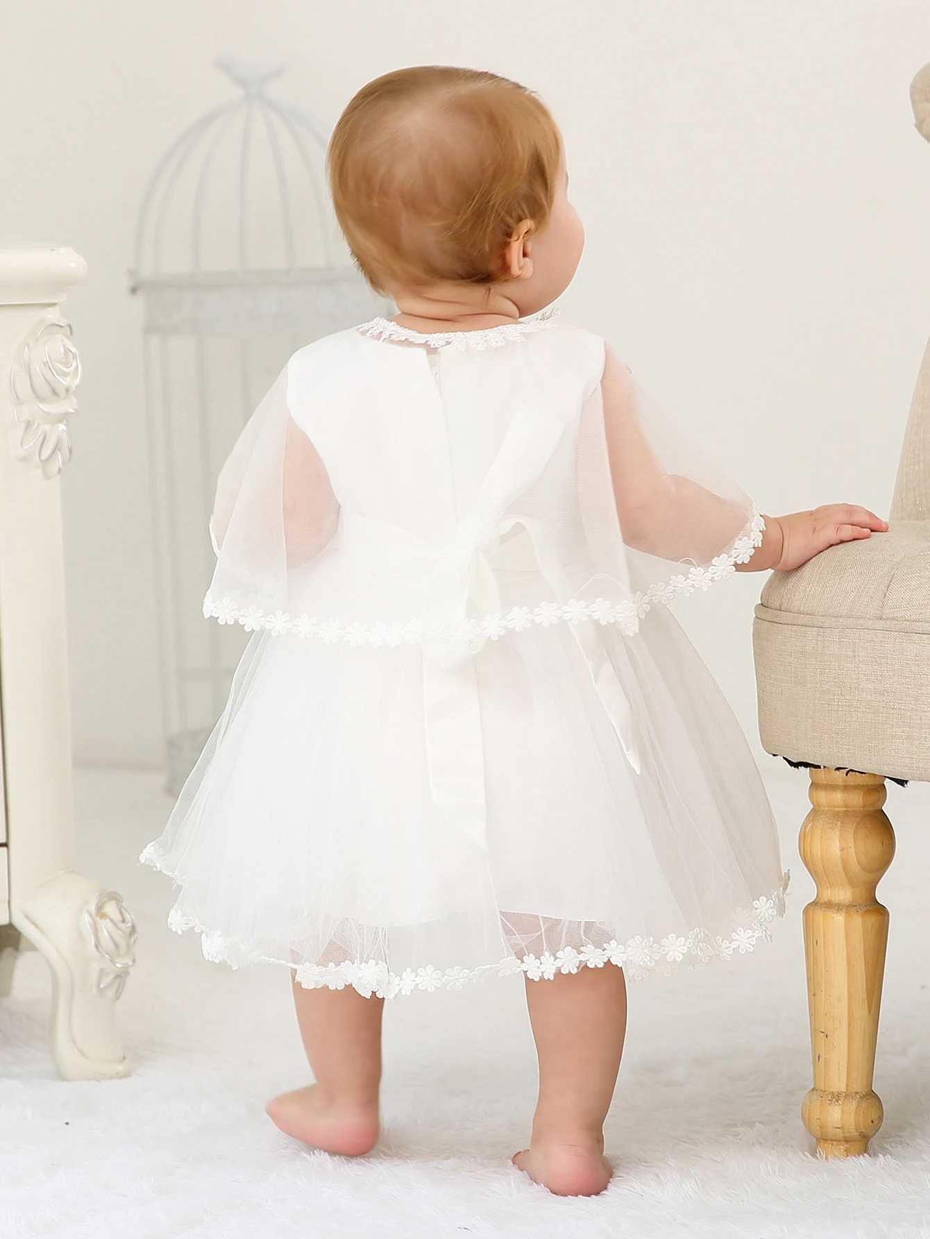Sleeveless Hood Cloak Soft Satin Floral Embroidered Lace Wedding Party Princess Baby Dress Set X250220