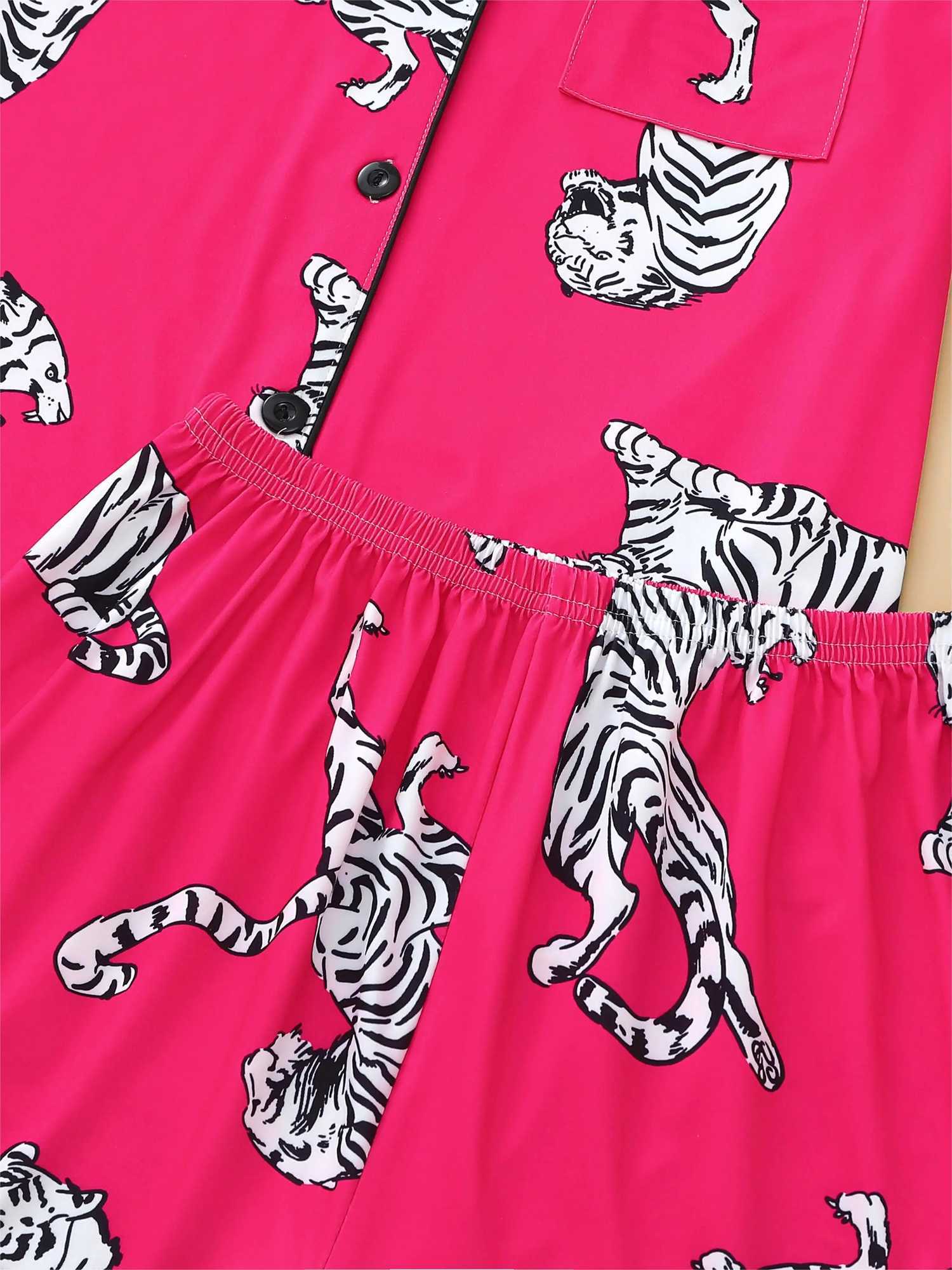 Two-piece set of womens pajamas lapel top and trousers Tiger summer casual warm womens pajamas home wearXJ250220
