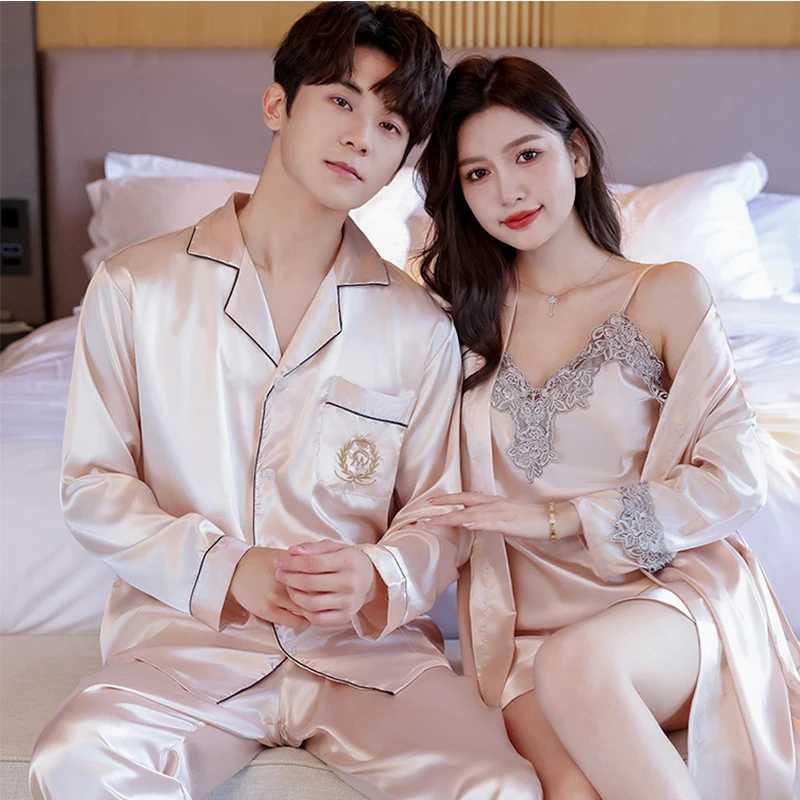 Couple Lounge Sp Wear Silk Pajamas Set Women Lace Sling Nightdress With Robes Bride Wedding Spwear Mens Nightie Set PajamaXJ250220
