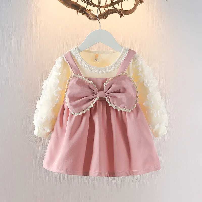 Spring Autumn Baby Girl Long Sleeve Dress Kids Bow Round Neck Comfortable Pink Dress Baby Clothes X250220