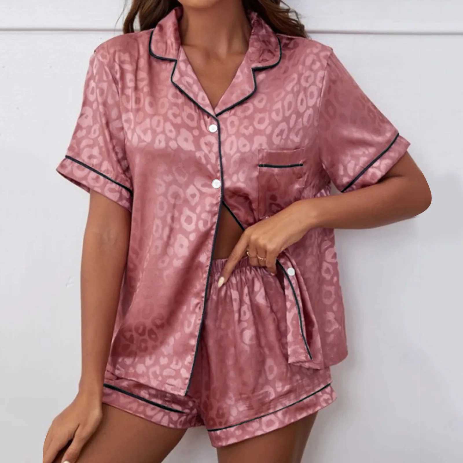 Womens Satin Printed Pajamas Sets Short Sved Lapel Silk Housewear Comfortable Girl Tops+Shorts 2 Pcs Set Size 12 Plus-sizeXJ250220