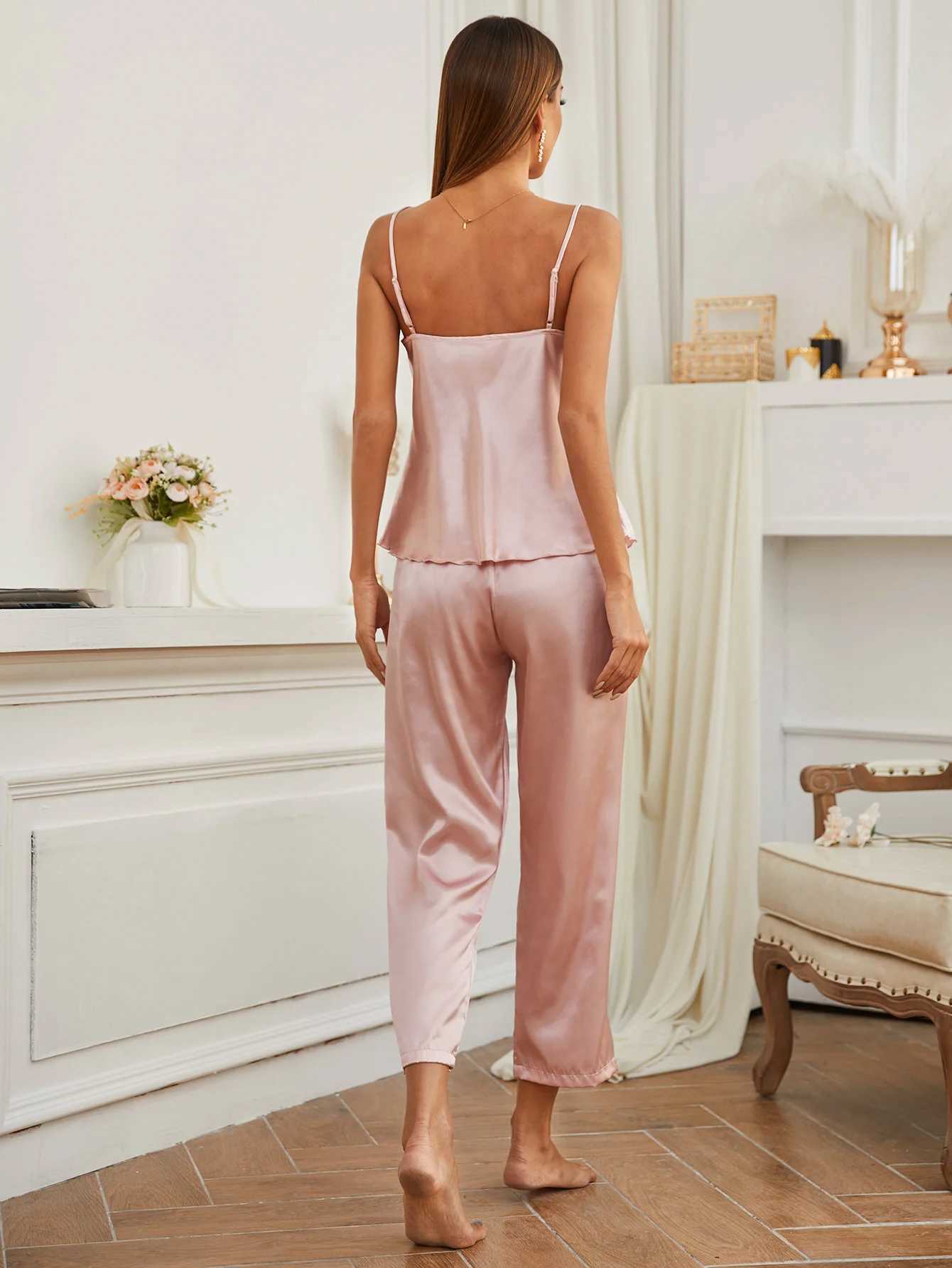 Casual Solid Pajama Set V Neck Cami Top Elastic Waistband Pants Womens Spwear LoungewearXJ250220