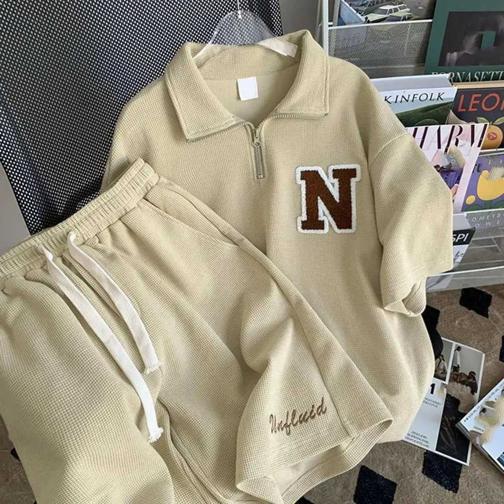 High Quality Waffle biscuit sportswear unisex summer mens loose short sleeved T-shirt jogging set two-piece letter printed casual sportswear T250221