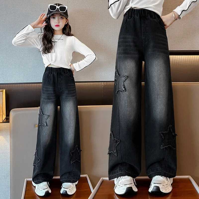 Teenage Girl Retro High Waisted Wide Leg Straight Jeans With Star Pattern For Kids Baby New Causal Denim Pants Girl Trousers Z250220