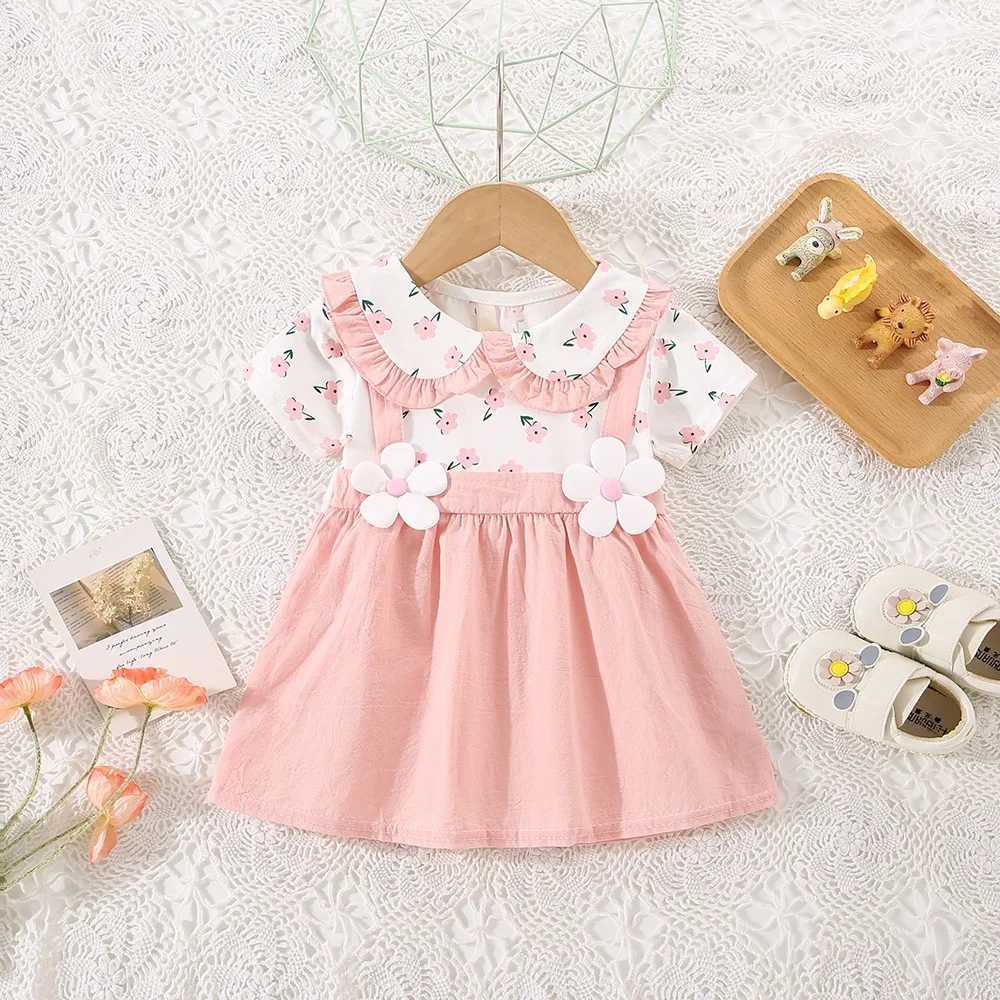(0-3 Years Old) Summer Baby Girl Cotton Flower Fake Two-Piece Shoulder Strap Dress Girl Cute Short Sleeved Dress X250220