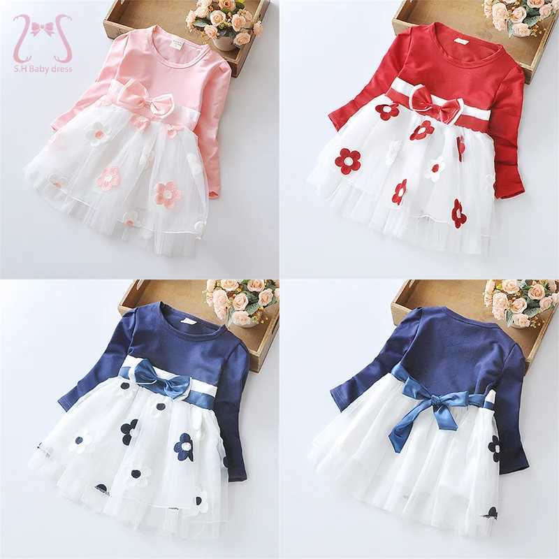Spring and autumn baby girl dress cute children flower bow childrens clothing princess evening dress childrens clothing 0-4 Y long sleeved X250220