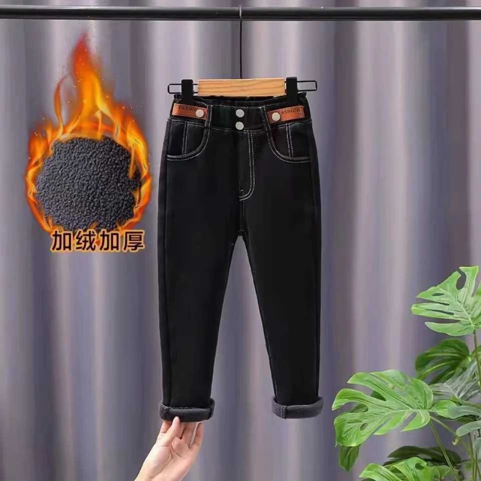 New Winter Thick Warm Fleece Girls Straight Jeans Boys High Waist Thicken Fashion Warm Denim Pants Cowboy Trouser Z250220