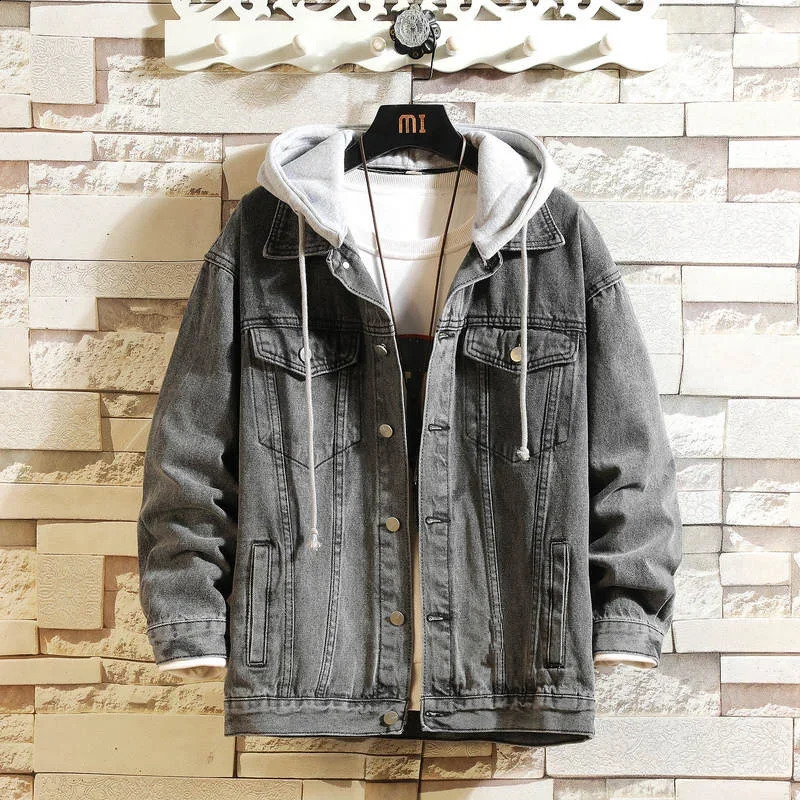 Denim jacket mens hooded casual jeans street clothing solid color lapel denim hat ZL166 250212