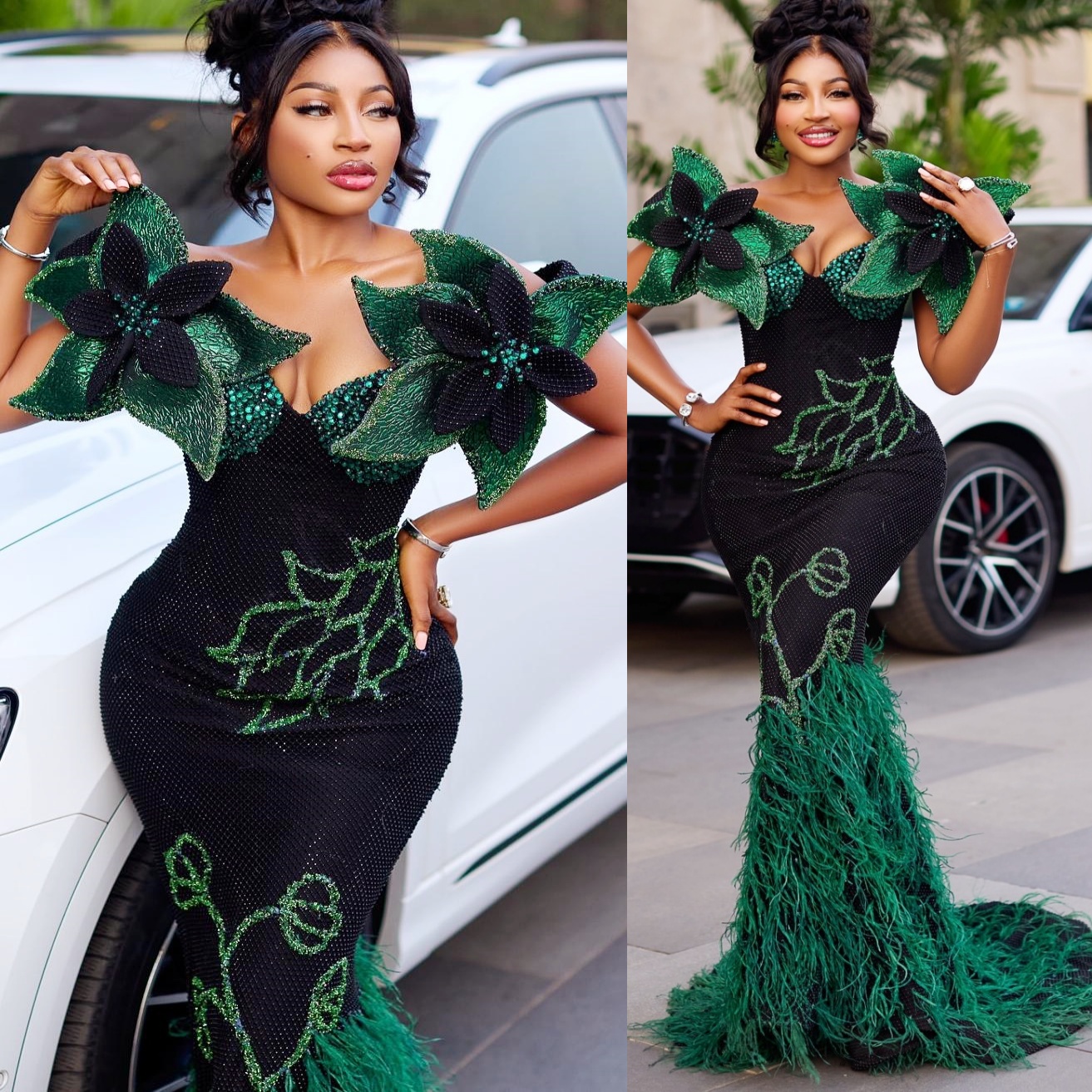 Dark Green Mermaid Prom Dresses 2025 Flowers Crystals Feather Evening Formal Party Second Birthday Engagement Gowns Plus Size Dress For Special Occasi