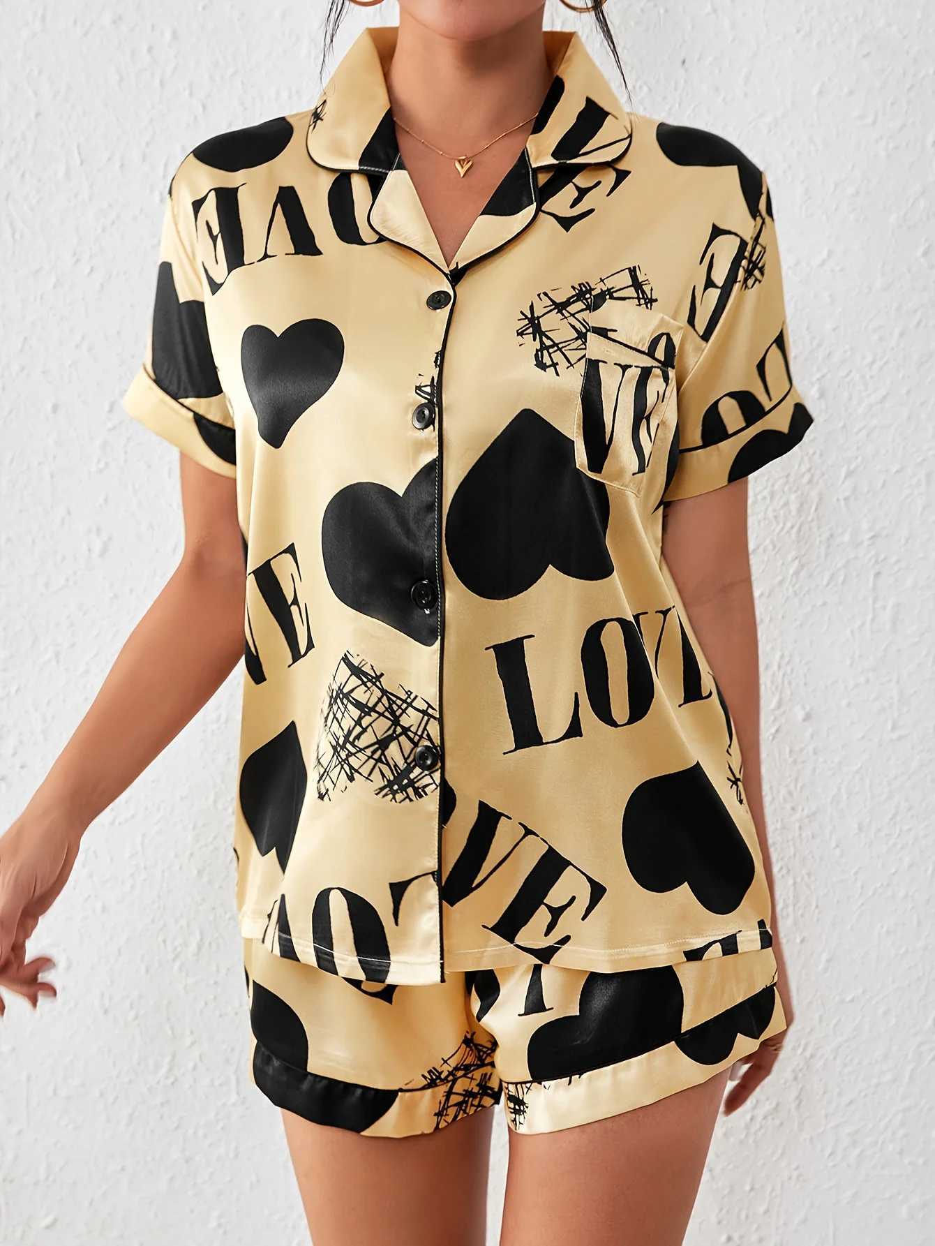 Heart Letter Print Satin Pajama Set Casual Short Sve Buttons Lapel Top Elastic Shorts Womens SpwearXJ250220