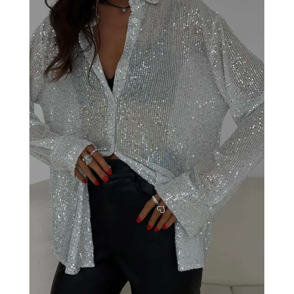 Fashion Solid Shiny For Women Chic Female Turn Down Collar Long Sleeves Shirt Elegant Single Breasted Ladies Loose Blouse